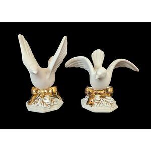 Dove Ceramic Candle Holder Figurine Pair Christmas Gold & Cream Decor Holiday Bi